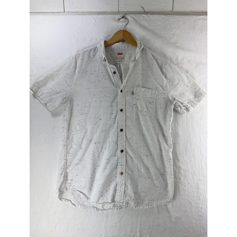 Levis Shirt Mens Medium White Short‎ Sleeve Button Front Speckled Casual Top